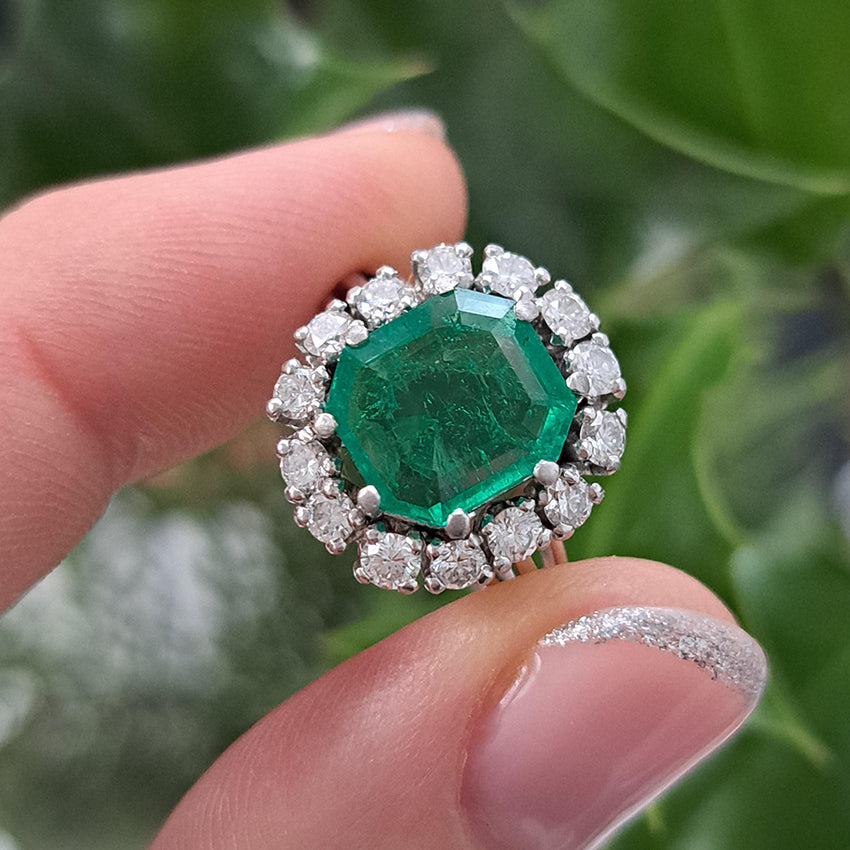Vintage 3ct Colombian Emerald and Diamond Cluster Engagement Ring 1950s