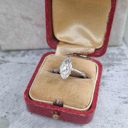 2ct Marquise Cut Diamond Solitaire Engagement Ring in Platinum, single stone 2.15ct marquise-cut diamond with I J colour and SI1 clarity tapered baguette diamond shoulders