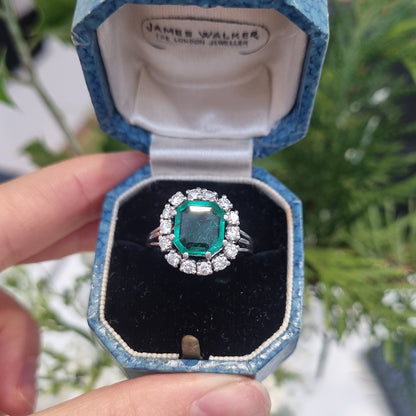 Vintage 3ct Colombian Emerald and Diamond Cluster Engagement Ring 1950s