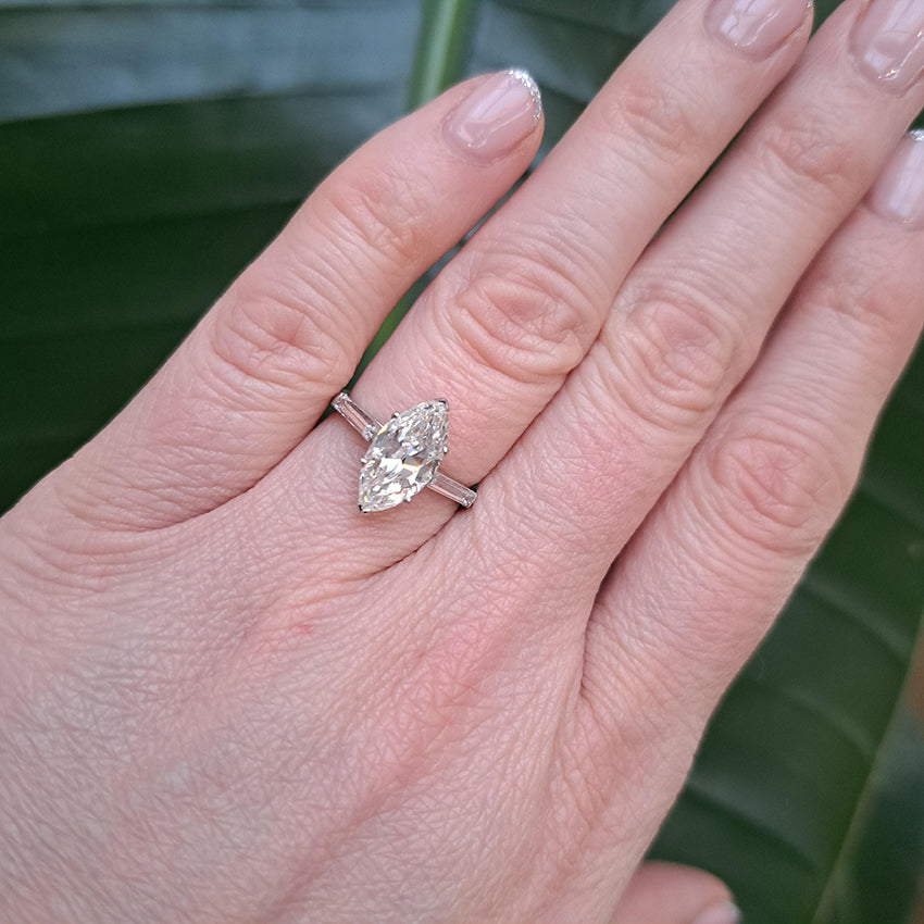 2ct Marquise Cut Diamond Solitaire Engagement Ring in Platinum, single stone 2.15ct marquise-cut diamond with I J colour and SI1 clarity tapered baguette diamond shoulders