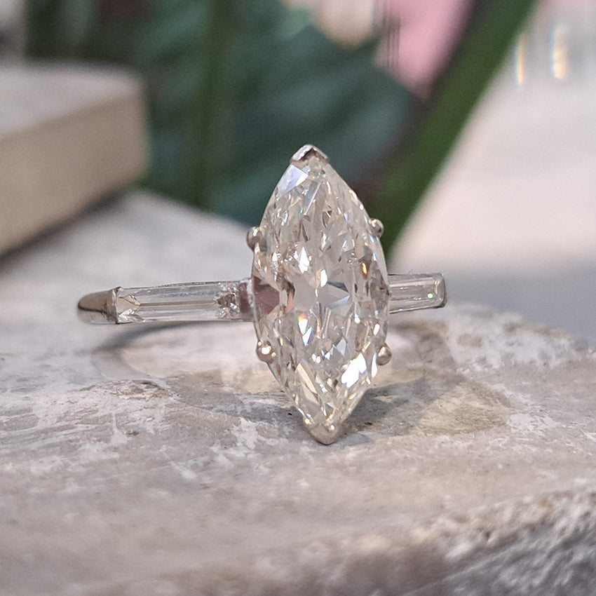2ct Marquise Cut Diamond Solitaire Engagement Ring in Platinum, single stone 2.15ct marquise-cut diamond with I J colour and SI1 clarity