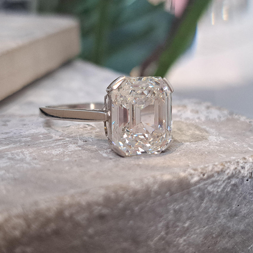 GIA Certified 4.63ct Square Emerald Cut Diamond Solitaire Engagement Ring in Platinum Accompanied with a GIA certificate 4.63 carats I colour VS1 clarity