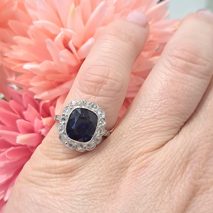 Art Deco 3ct Natural No Heat Sapphire and Diamond Cluster Engagement Ring