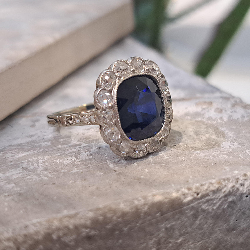 Art Deco 3ct Natural No Heat Sapphire and Diamond Cluster Engagement Ring