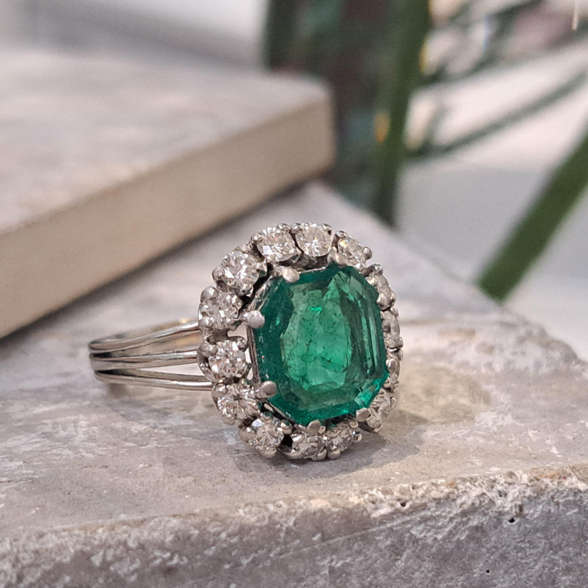 Vintage 3ct Colombian Emerald and Diamond Cluster Engagement Ring 1950s