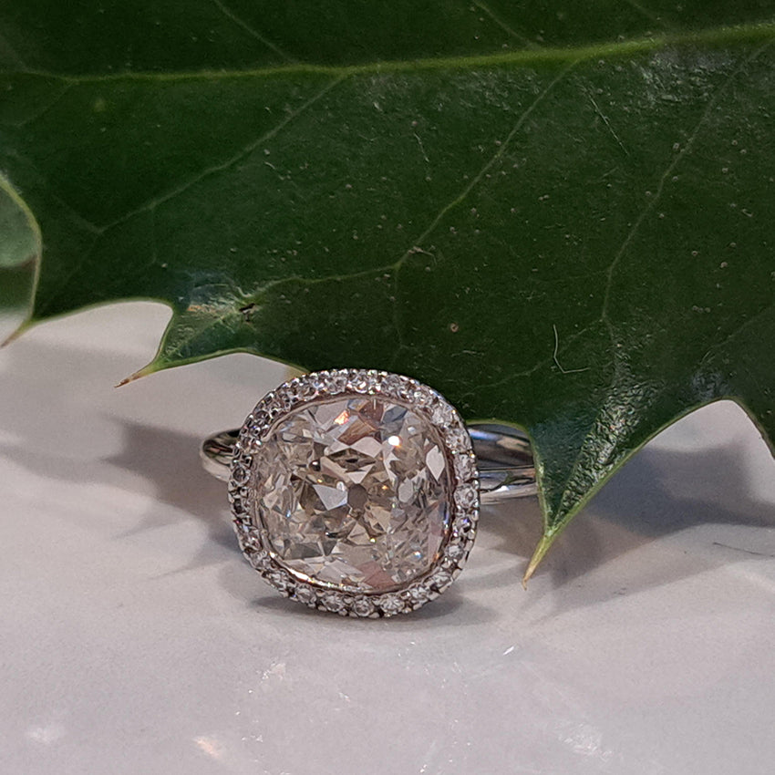 Vintage 3.15ct Cushion Old Cut Diamond Halo Cluster Engagement Ring in Platinum