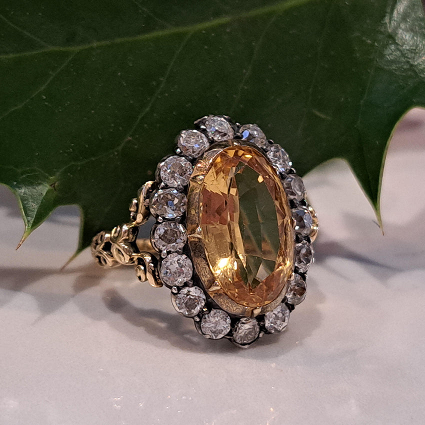 Victorian Antique 6.73ct Imperial Topaz and 1.60ct Old Cut Diamond Cluster Engagement Ring