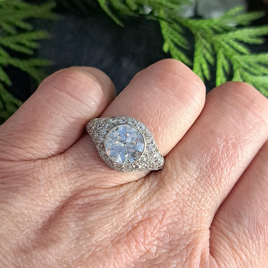 Art Deco 2.8ct Diamond Bombe Cluster Ring, 2.8ct old European transitional cut diamond in single-cut diamond encrusted domed surround in platinum