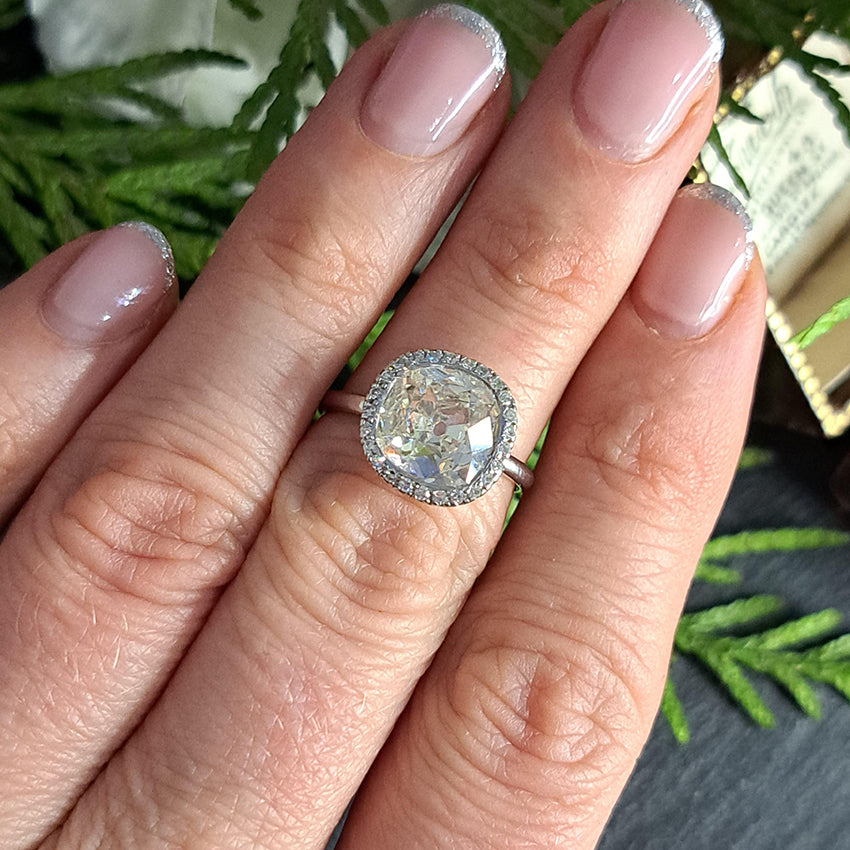 Vintage 3.15ct Cushion Old Cut Diamond Halo Cluster Engagement Ring in Platinum