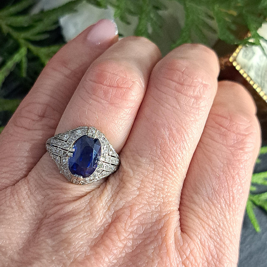 Late Art Deco 5.13ct Oval Sapphire and Diamond Cluster Bombe Cocktail Ring in Platinum