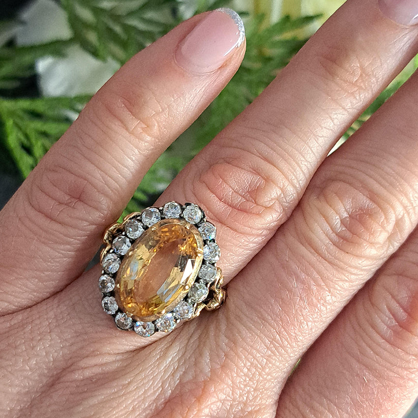 Victorian Antique 6.73ct Imperial Topaz and 1.60ct Old Cut Diamond Cluster Engagement Ring