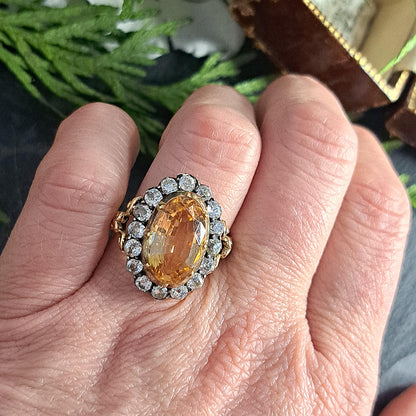Victorian Antique 6.73ct Imperial Topaz and 1.60ct Old Cut Diamond Cluster Engagement Ring
