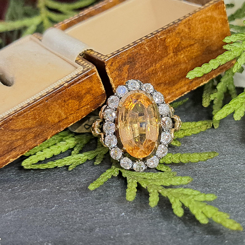 Victorian Antique 6.73ct Imperial Topaz and 1.60ct Old Cut Diamond Cluster Engagement Ring