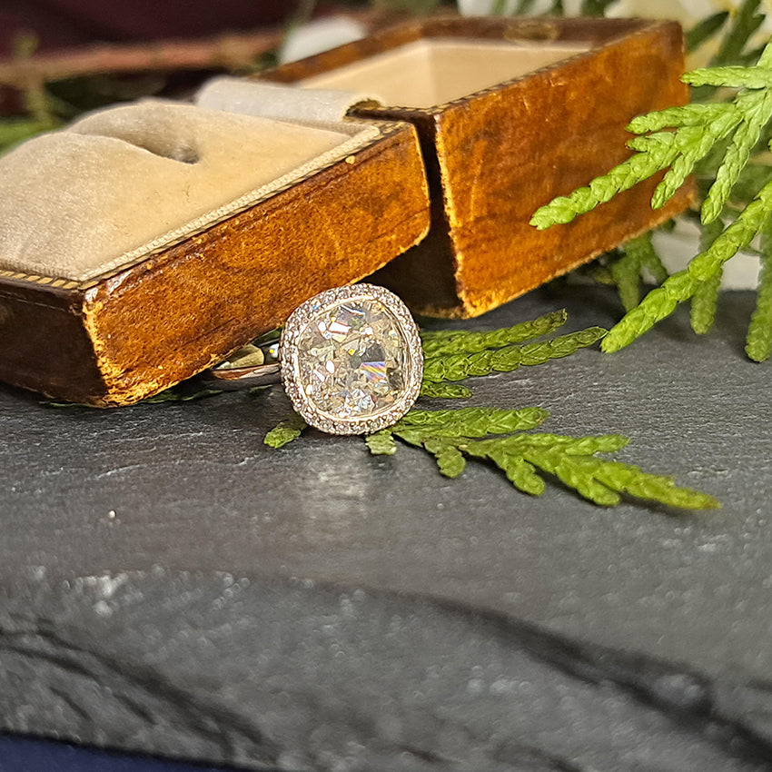 Vintage 3.15ct Cushion Old Cut Diamond Halo Cluster Engagement Ring in Platinum