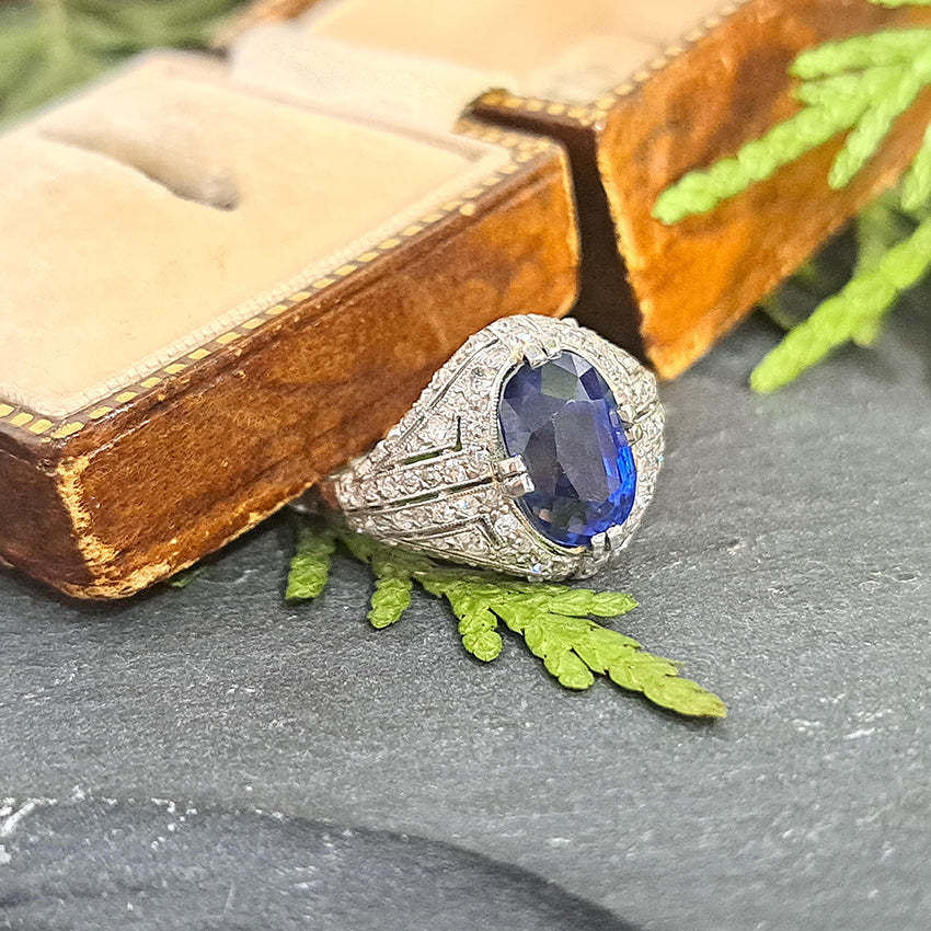 Art Deco 5.13ct Oval Sapphire and Diamond Cluster Bombe Cocktail Ring in Platinum