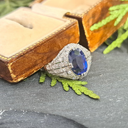 Art Deco 5.13ct Oval Sapphire and Diamond Cluster Bombe Cocktail Ring in Platinum