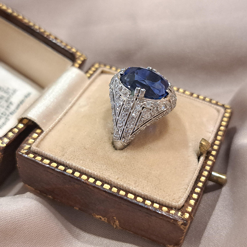 Late Art Deco 5.13ct Oval Sapphire and Diamond Cluster Bombe Cocktail Ring in Platinum