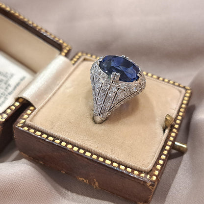 Late Art Deco 5.13ct Oval Sapphire and Diamond Cluster Bombe Cocktail Ring in Platinum