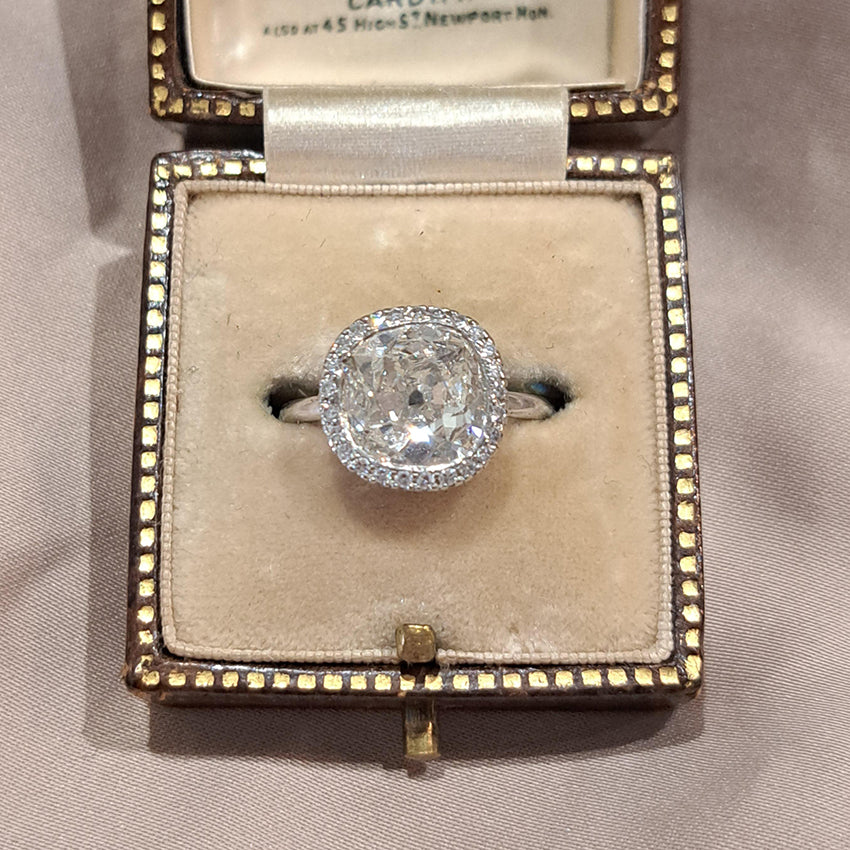 Vintage 3.15ct Cushion Old Cut Diamond Halo Cluster Engagement Ring in Platinum