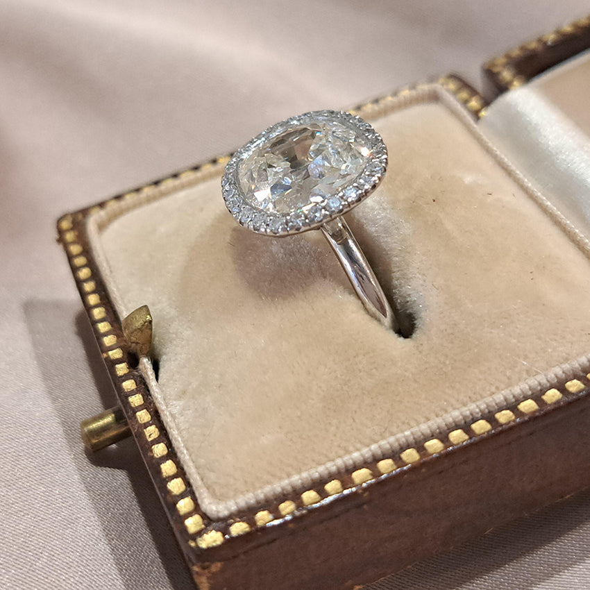 Vintage 3.15ct Cushion Old Cut Diamond Halo Cluster Engagement Ring in Platinum