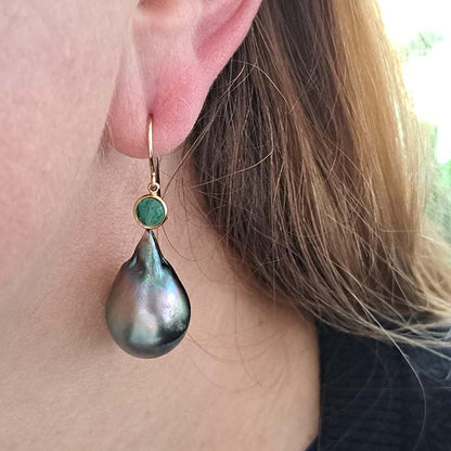 Grey Tahitian Pearl and Cabochon Emerald Drop Earrings