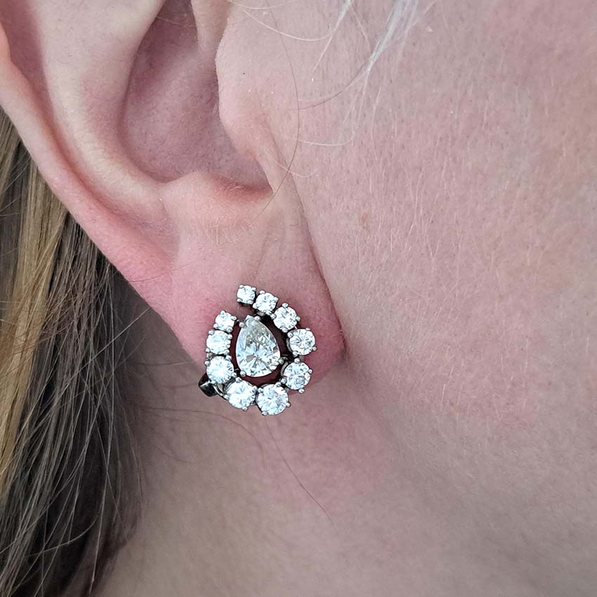 Vintage Pear Cut Diamond Cluster Clip On Earrings, 3.5 carat total