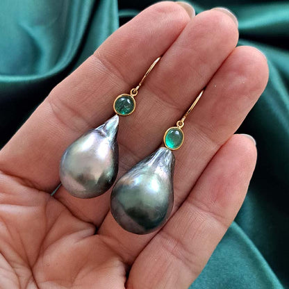 Grey Tahitian Pearl and Cabochon Emerald Drop Earrings
