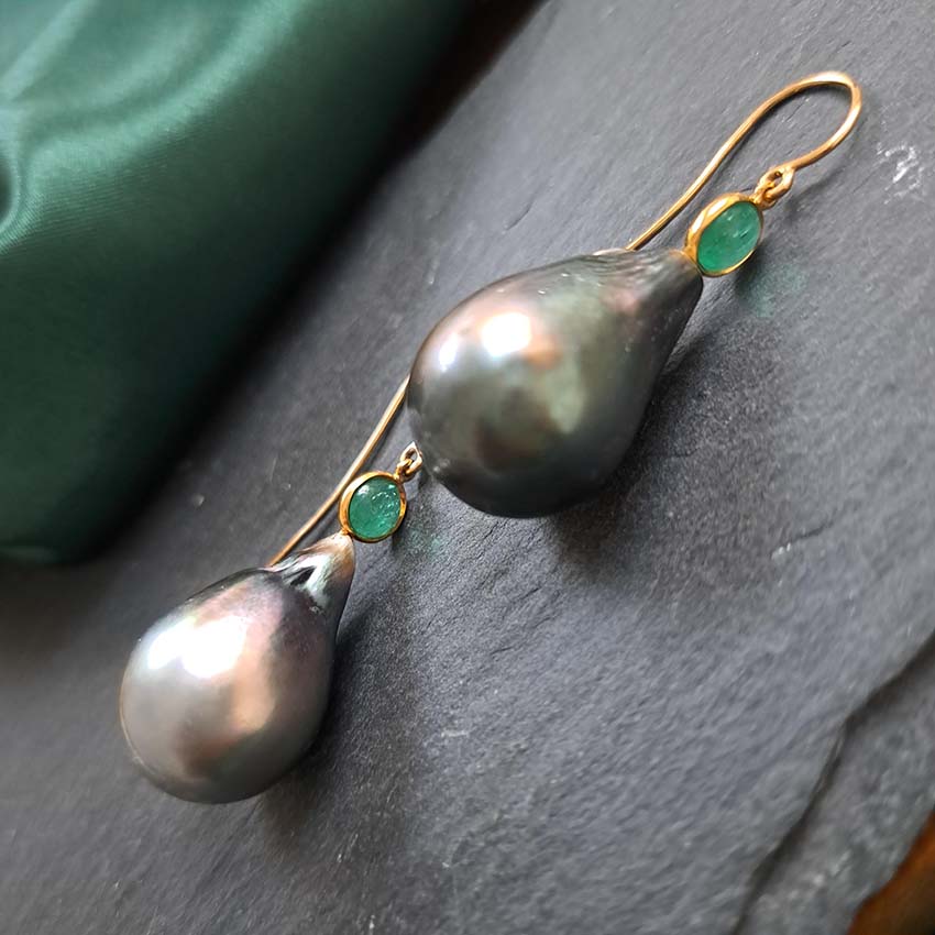 Grey Tahitian Pearl and Cabochon Emerald Drop Earrings