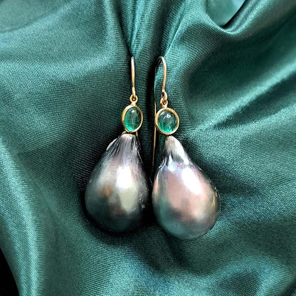 Grey Tahitian Pearl and Cabochon Emerald Drop Earrings
