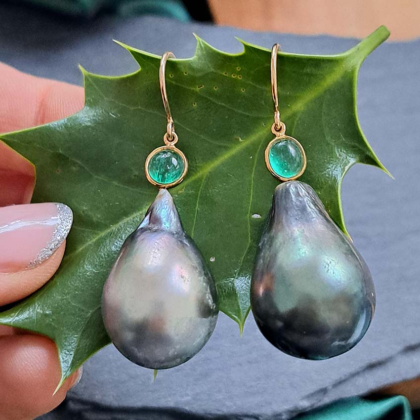 Tahitian Pearl and Cabochon Emerald Drop Earrings
