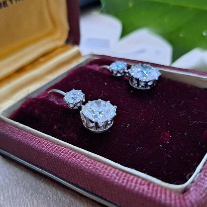 Antique 4.5ct Old Mine Cut Diamond Drop Earrings, sparkling old mine-cut diamond drops suspended from smaller old-cut diamond tops in platinum and 18ct gold, 5.30 carat total
