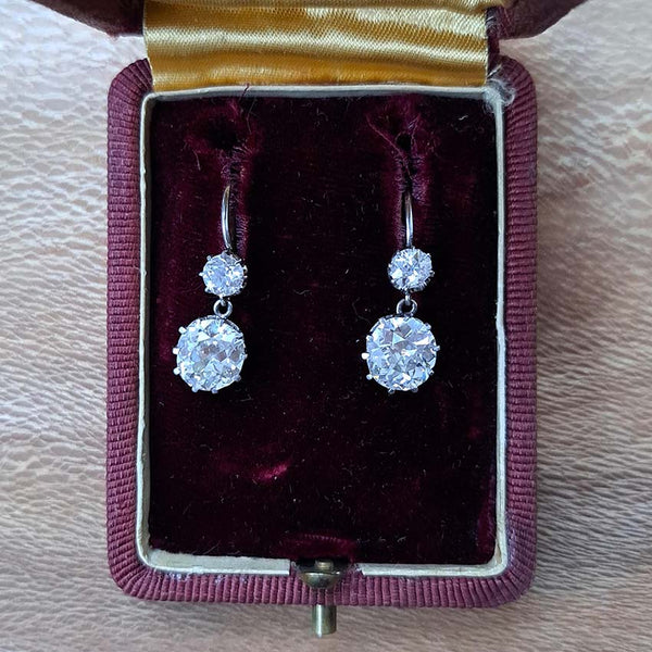 Antique 4.5ct Old Mine Cut Diamond Drop Earrings, sparkling old mine-cut diamond drops suspended from smaller old-cut diamond tops in platinum and 18ct gold