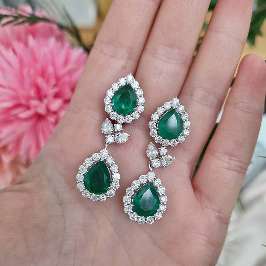 9.24ct Pear Emerald and Diamond Double Cluster Drop Earrings