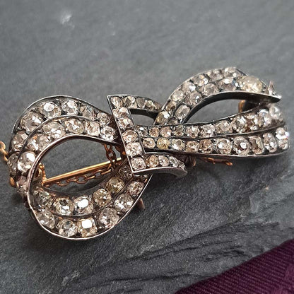Antique French 6ct Old Mine Cut Diamond Bow Brooch