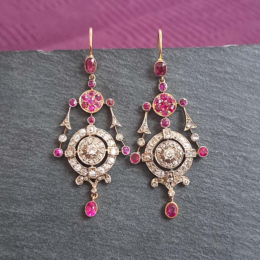 Victorian Antique Ruby and Old Cut Diamond Drop Earrings