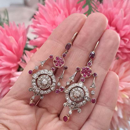 Victorian Antique Ruby and Old Cut Diamond Drop Earrings