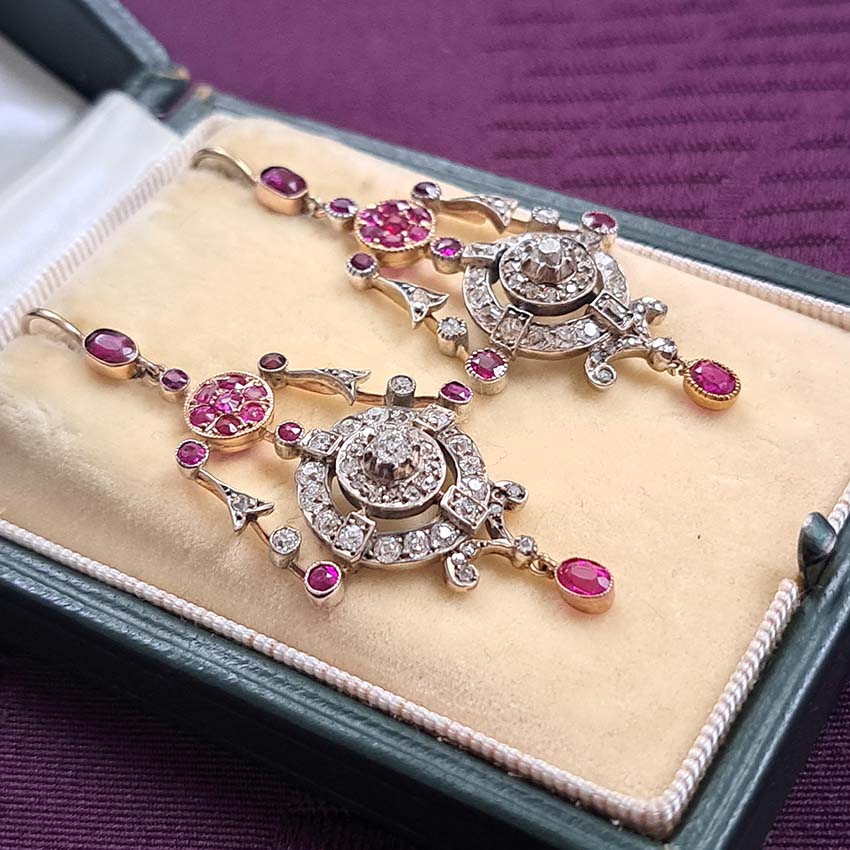 Victorian Antique Ruby and Old Cut Diamond Drop Earrings