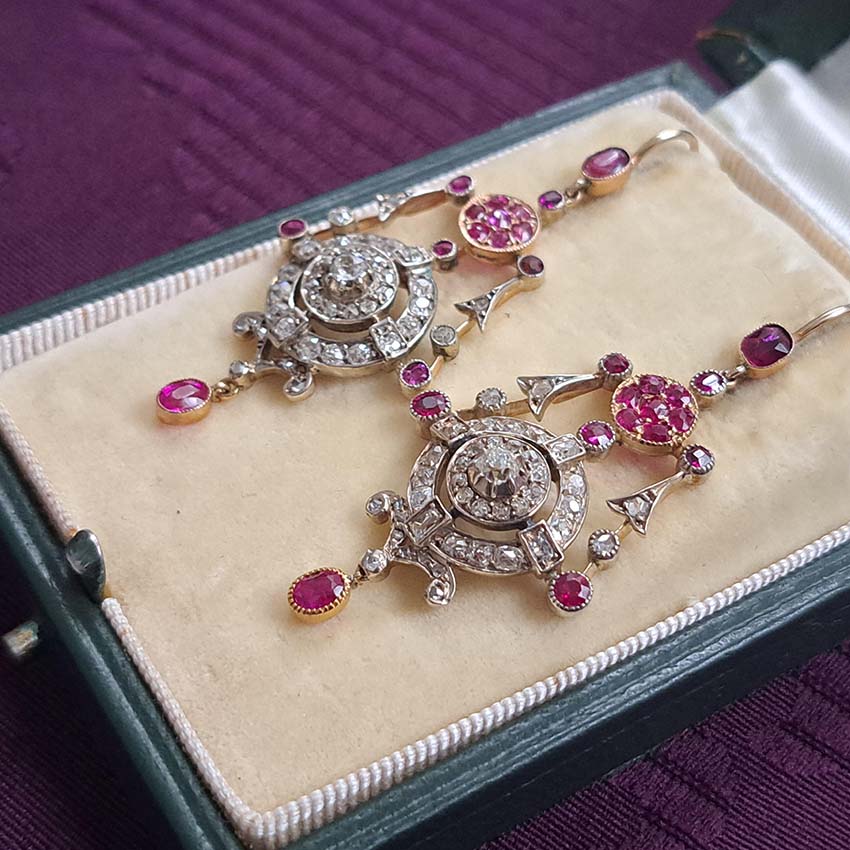 Victorian Antique Ruby and Old Cut Diamond Drop Earrings