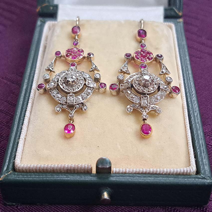 Victorian Antique Ruby and Old Cut Diamond Drop Earrings