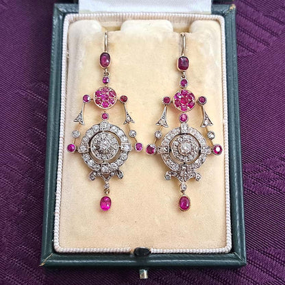 Victorian Antique Ruby and Old Cut Diamond Drop Earrings