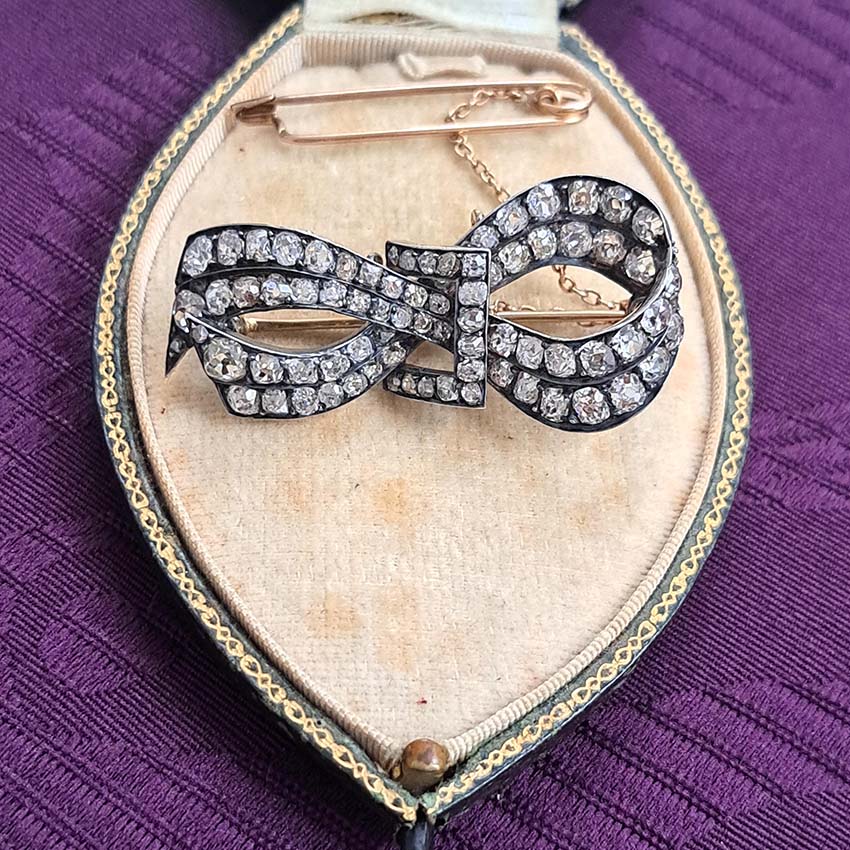 Antique French 6ct Old Mine Cut Diamond Bow Brooch