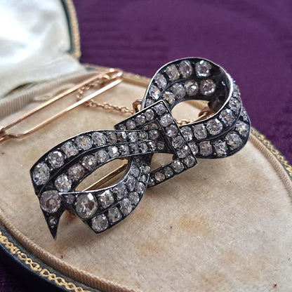 Antique French 6ct Old Mine Cut Diamond Bow Brooch