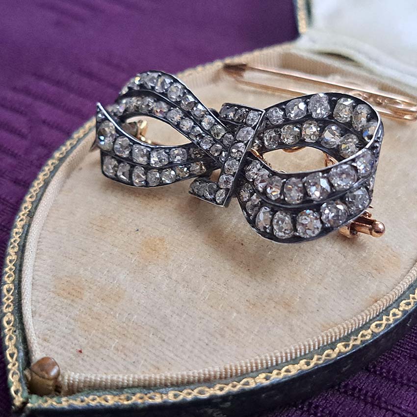 Antique French 6ct Old Mine Cut Diamond Bow Brooch