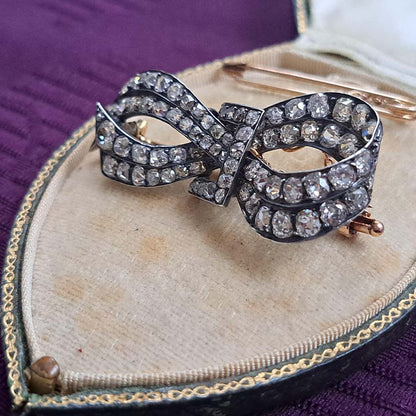 Antique French 6ct Old Mine Cut Diamond Bow Brooch