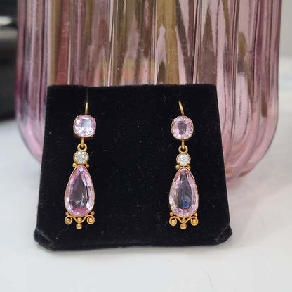 Antique 7ct Pink Topaz and Diamond Drop Earrings