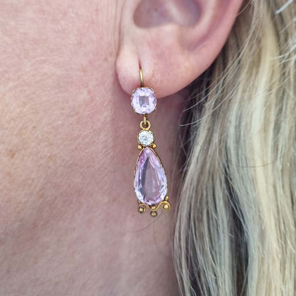 Antique 7ct Pink Topaz and Diamond Drop Earrings