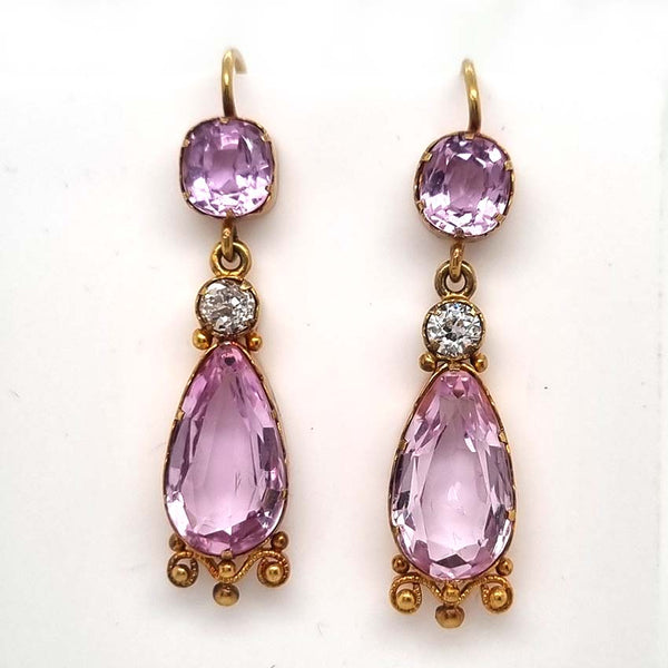 19th Century Antique 7ct Natural Intense Pink Topaz and Old Cut Diamond Drop Earrings