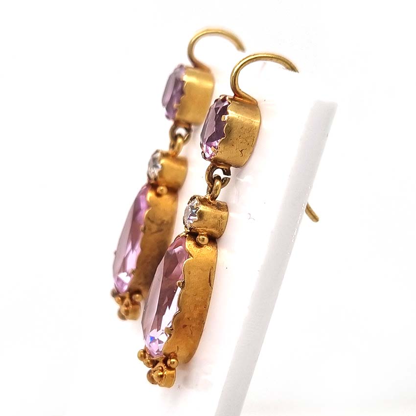 Antique 7ct Pink Topaz and Diamond Drop Earrings