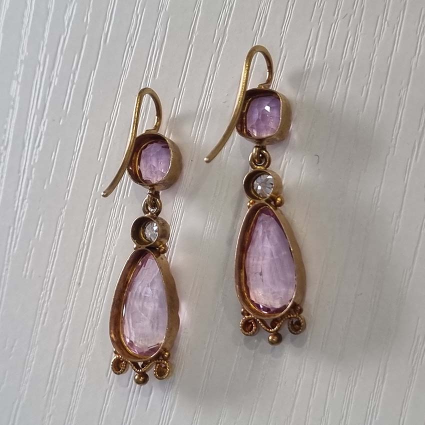 Antique 7ct Pink Topaz and Diamond Drop Earrings