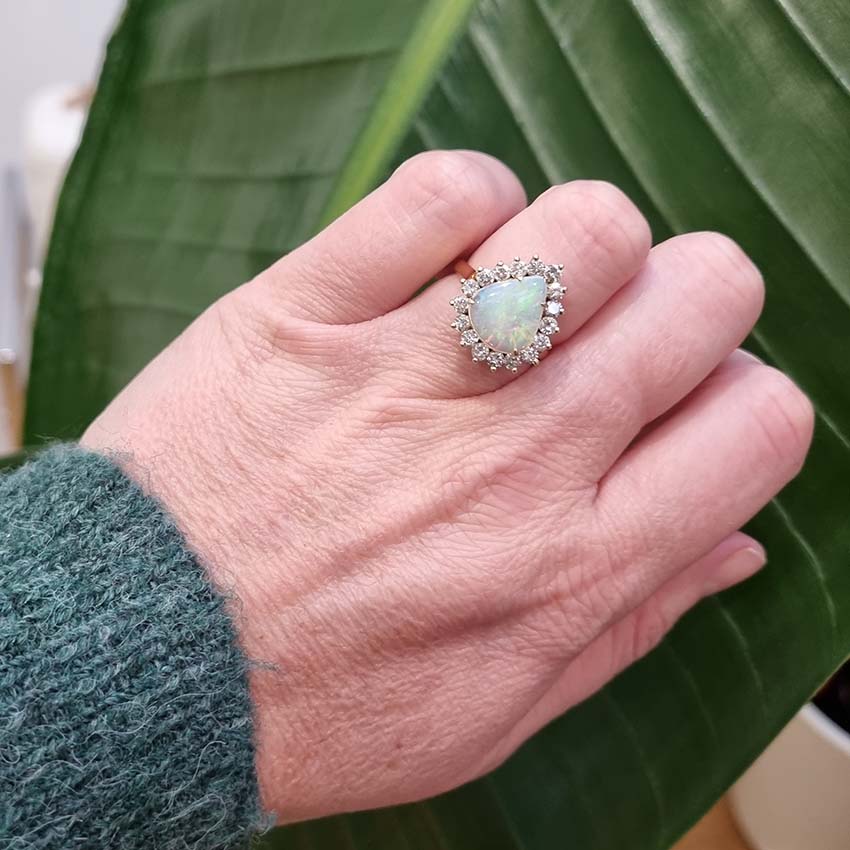 Cabochon Opal and Diamond Pear Shaped Cluster Ring